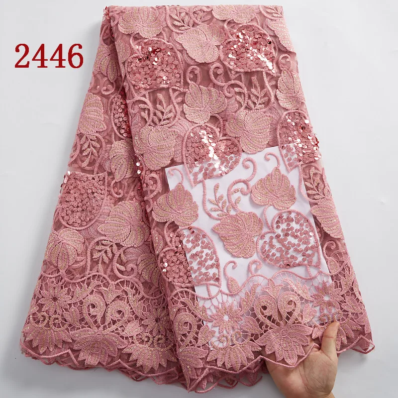 

2446 Free Shipping Pink Mesh Lace Fabric With Sequins Nigerian Embroidery Flower Milk Lace Fabric For Dress, Cupion