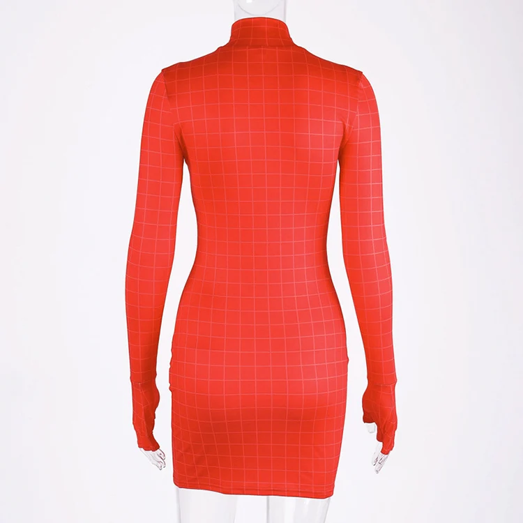 Mock Neck Plaid Long Sleeve Bodycon Dress For Ladies