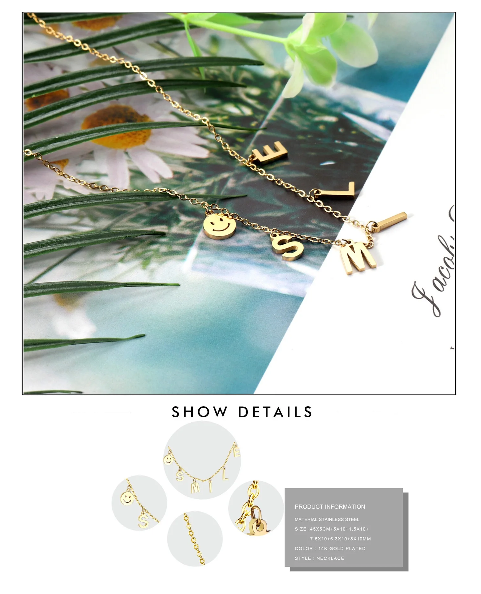 

Qings Fashion stainless steel chain custom gold smiley pendant necklace