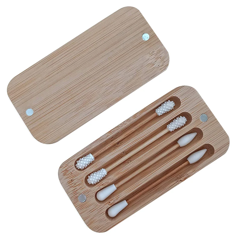 

4 pack bamboo silicone swabs silicone buds rectangle bamboo case strengthen thick bamboo stem