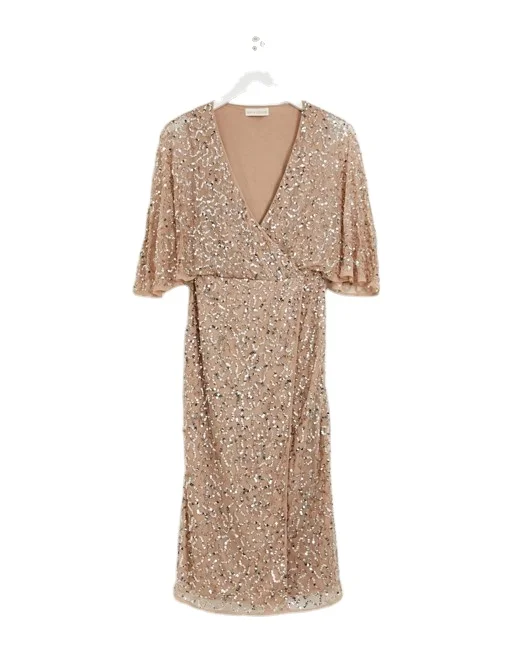 

Womens Bridesmaid delicate sequin wrap midi dress in taupe blush / womens wedding guests sequined evening dress, Black