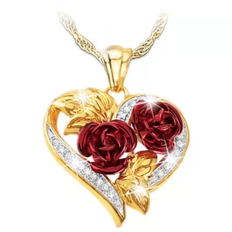 

2021 Hot New Love Rose Pendant Couple Golden Rose Flower Necklace Crystal Flower