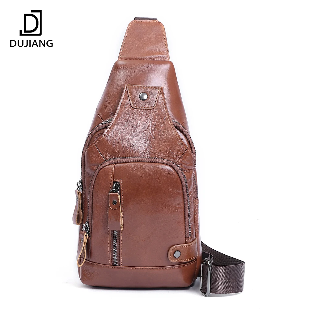 

Dujiang Shoulder Bag Leather Men Genuine Leather Chest Bag Travel Hiking Messenger Crossbody Sling Bags, Black, coffee, brown