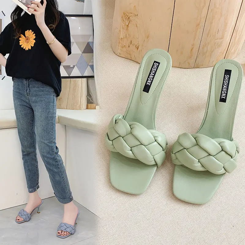 

2021 new fashion women knitting outdoor slip on sandals with heels streetwear chic slides, Green blue brown or customized