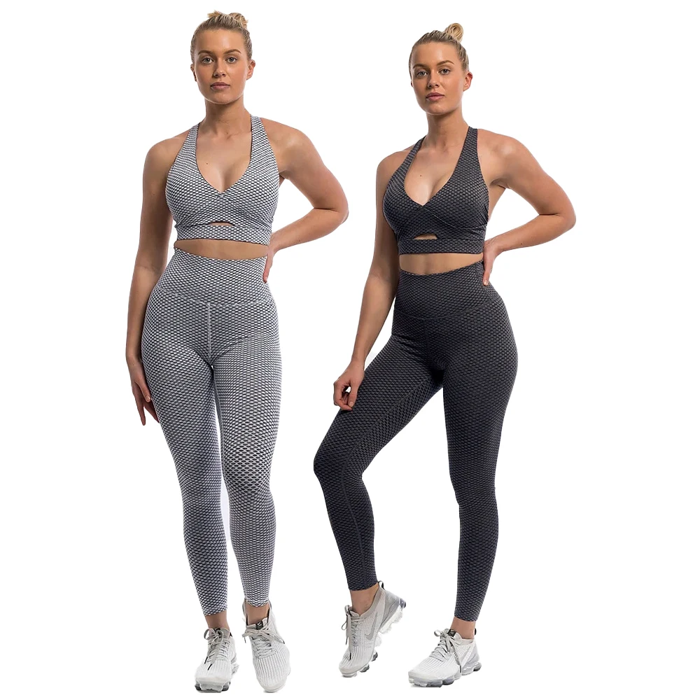 

Newest hot selling honeycomb style yoga set women sports bra scrunch yoga wear tiktok leggings set, Printed