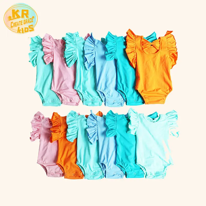 

summer baby romper knit cotton clothing Infant Baby ruffle romper back with bow knot baby girl flutter sleeves romper, Baby swimsuit boys