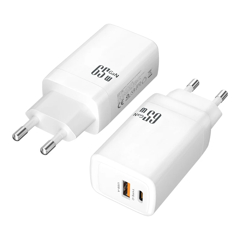 

OEM Custom Phone Charger PD 65W GaN USB C Fast Charging USB Wall Charger Dual USB Mobile Phone Charger Work for Laptop