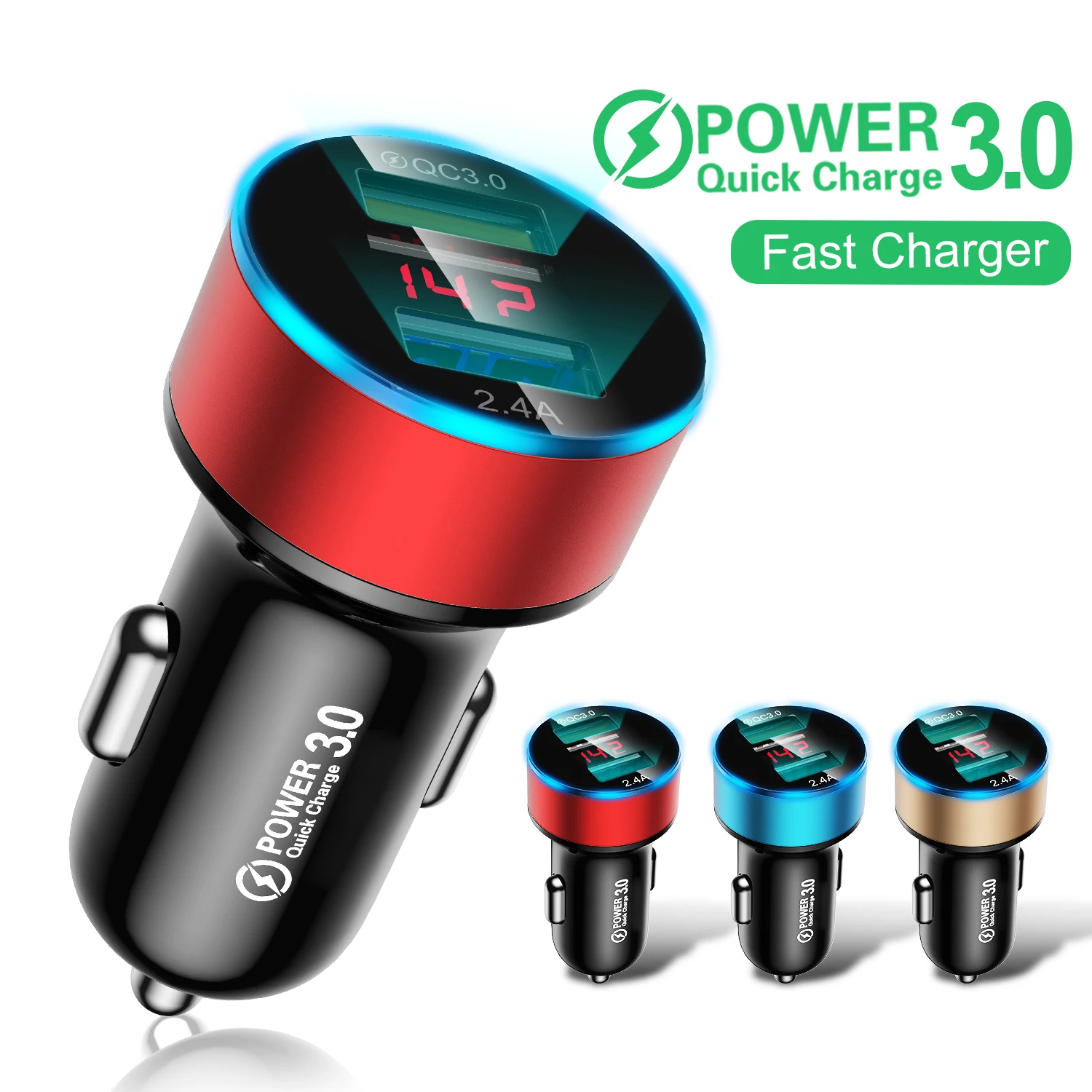 

USLION Oem Quality Mini Metal 12V Mobile Dual USB Ports with LED Display Phone Charging Cell Fast Qc3.0 Usb Car Charger 18W, Black blue gold red silver