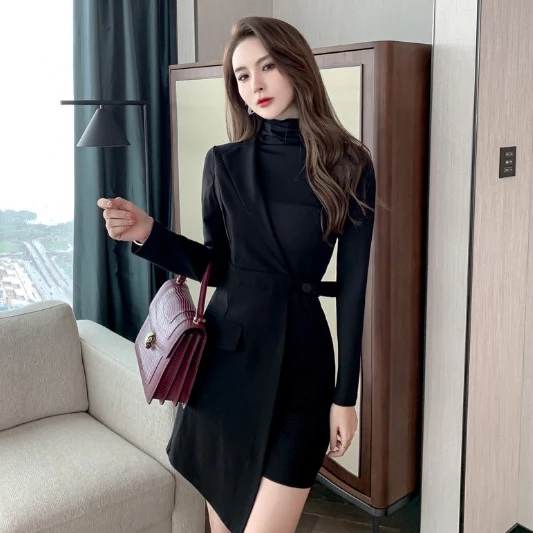 

ZYHT 4422 Spring New Women's Long Sleeve Dress Black Blazer Suit Stitching Knitted Turtleneck Dress Casual Elegant Mini Dress