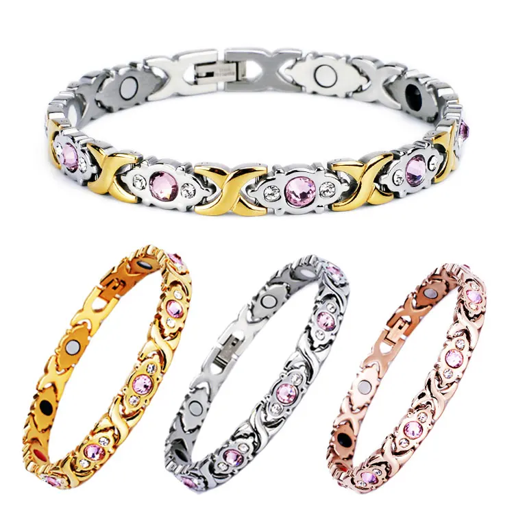 

Fashion Pink Crystal Rhinestone Women Stainless Steel Engagement Germanium Bio Magnetic Health Bracelet, Gold /rose gold / silver /black plating , customized is available