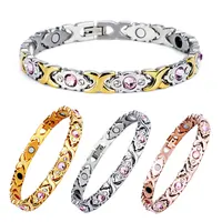 

Fashion Pink Crystal Rhinestone Women Stainless Steel Engagement Germanium Bio Magnetic Health Bracelet