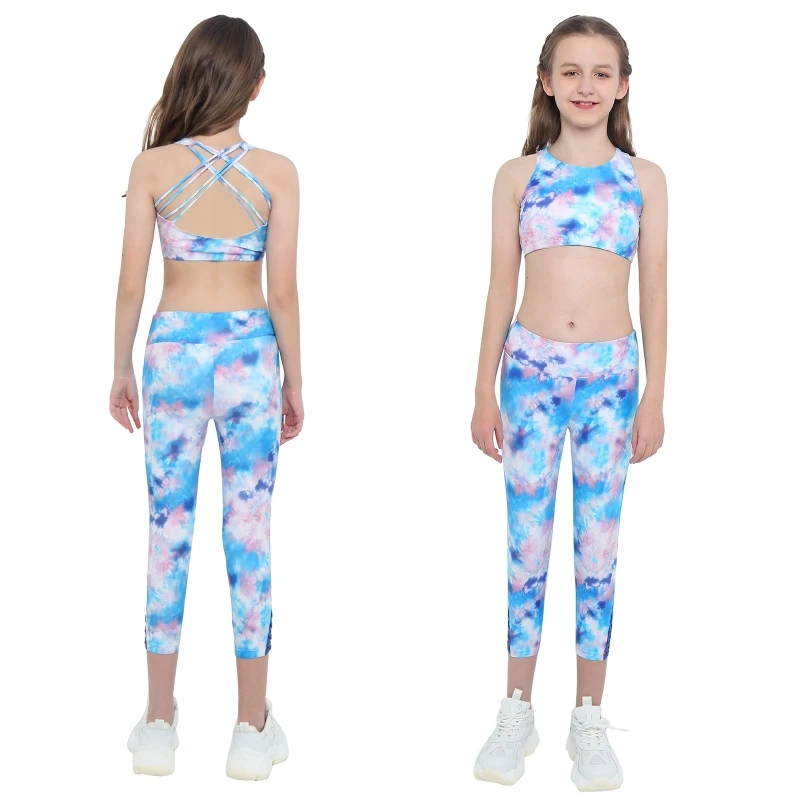 

Cheap Sport Outfits Set Kids Tie Dye Printed Yoga Tracksuit Girls Crisscross Crop Top and Leggings Pants