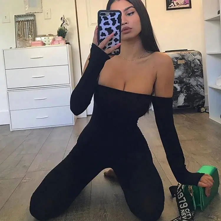 

Autumn women long sleeve off the shoulder rompers high quality fitness jumpsuits, Black