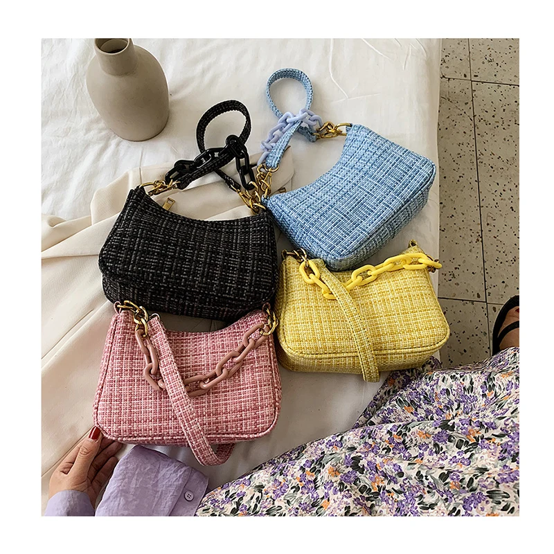 

Tweed Fashion Crossbody Shoulder Cell Phone Luxury Designer Handbags For Women Casual Ladies Acrylic Chains Baguette Female bags