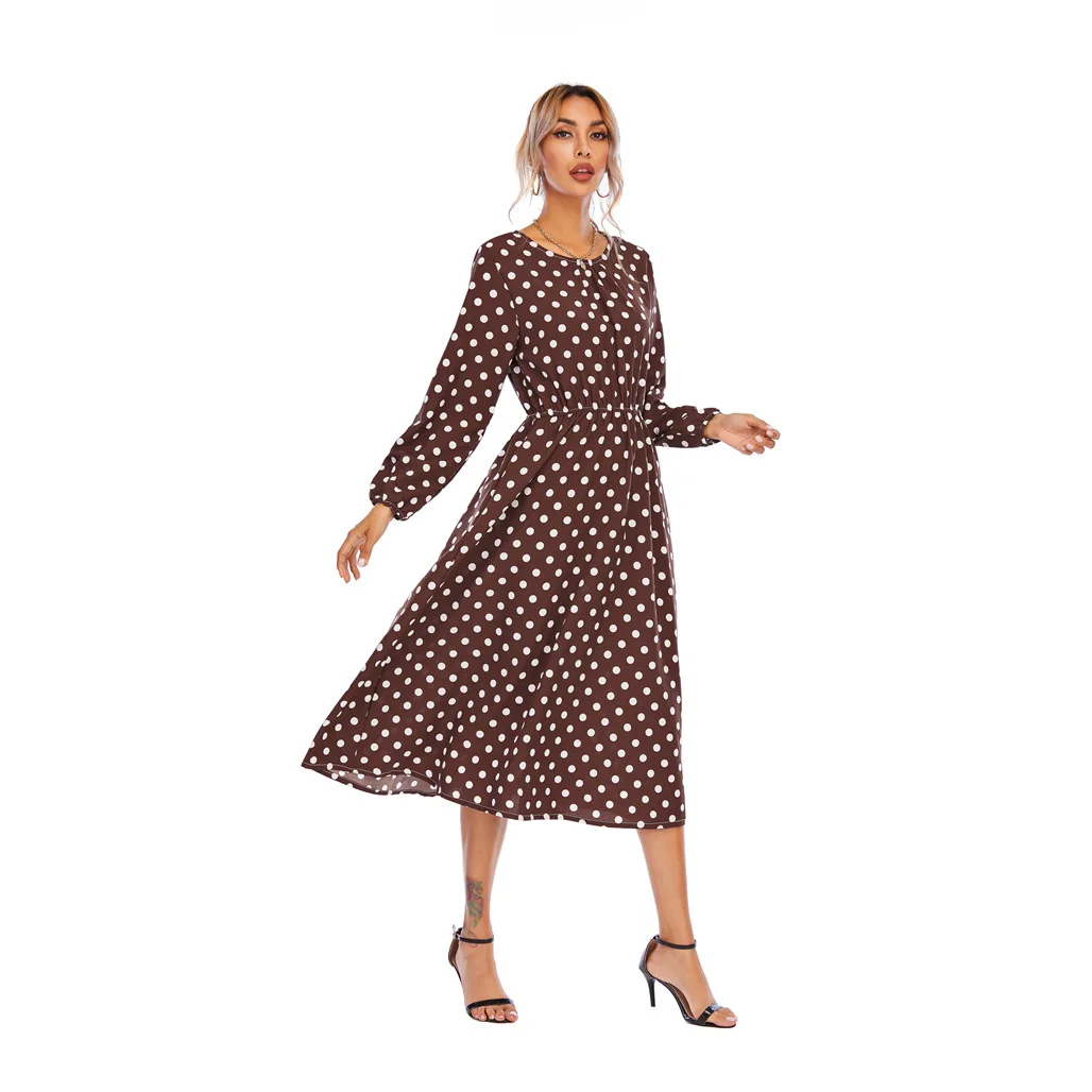 

Fashion Woman Clothes 2021 Trending Long Sleeves Casual Print Maxi Dress Black Polka Dot Print Dress For Women, Brown