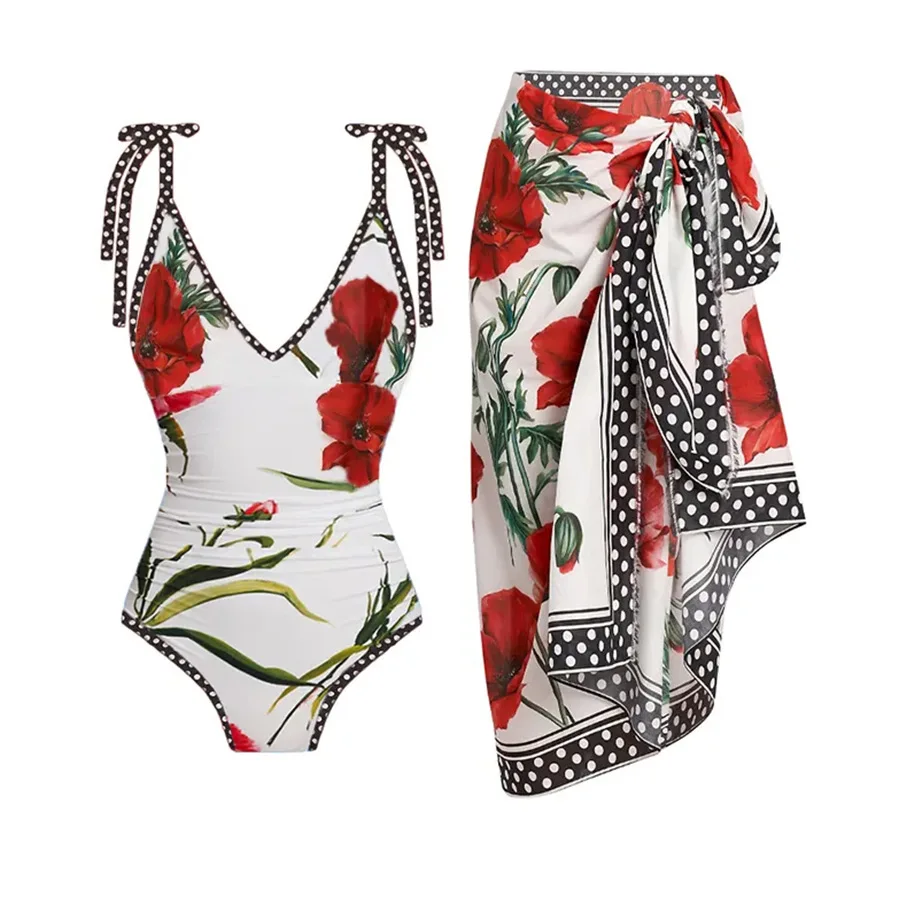 

JSN9202223 new and fashion trendy 2024 floral print one piece bikini with cover up set for lady