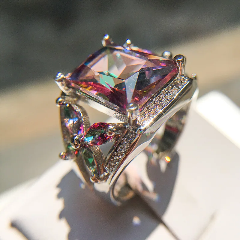 

Fashion Jewelry Manufacturer direct sale KYRA0154 Big Ring Geometric Colorful 3A Zircon rings Jewelry for Women, Silver