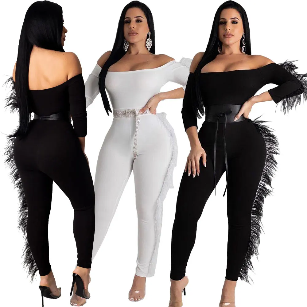 

91129-MX53 one piece feathers strapless jumpsuits sehe fashion women