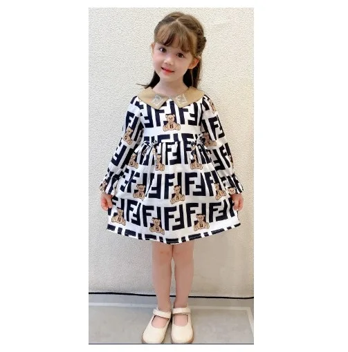 

BA504 Sweet cute pretty long sleeve bear pattern printed fashion baby apparels girls' dresses 2-12