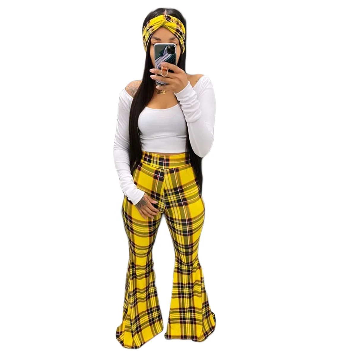 

For USA Casual Plaid 3 Three Piece Set Women Clothing With Checked Wide Leg Flare Pants Of-shoulder Shirt and Headband For Lady