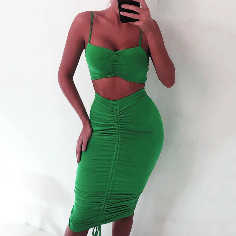 

2020 New arrivals women sexy spaghetti strap top bra and skirt two piece set women ladies clothing