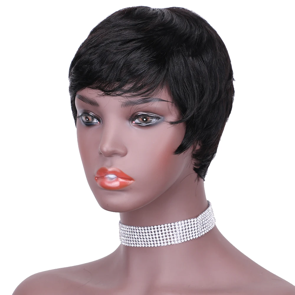 

Super cheap Full Machine Made natural color short straight PIXIE cut short human hair wigs, 1b#color