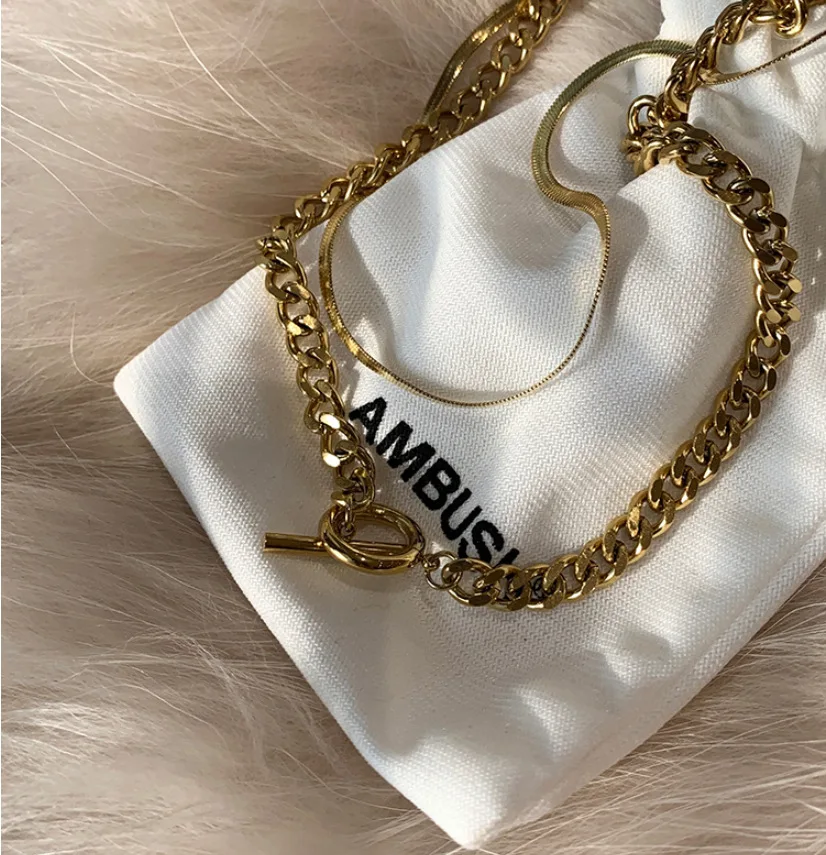 

New fashion OT buckle shape double-layer necklace with real gold plated retro personality clavicle chain necklace female trend