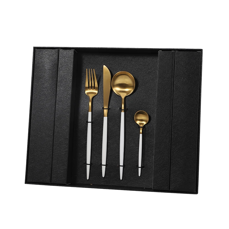 

Jieyang luxury Gold/white stainless steel 16/24 piece cutlery set wholesale 18/10 knives forks and spoons flatware set in a case, Customizable