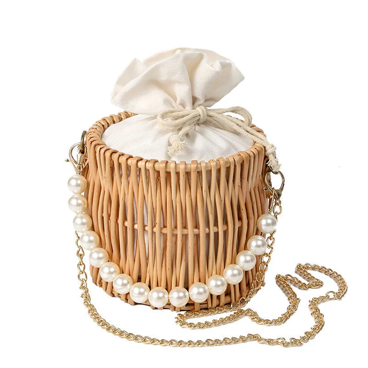 

Summer Straw Bag Pearl Handbag Rattan Woven Beach Bucket Bag for Women