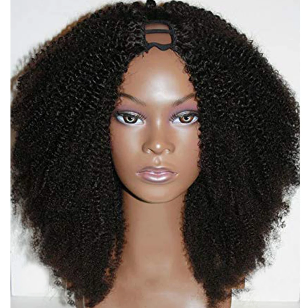 

Middle Open 100% Human Hair Afro Kinky Curly U Part Wigs For Women 100% Unprocessed Peruvian Curl Wig Remy 200 Density, Natural color lace wig