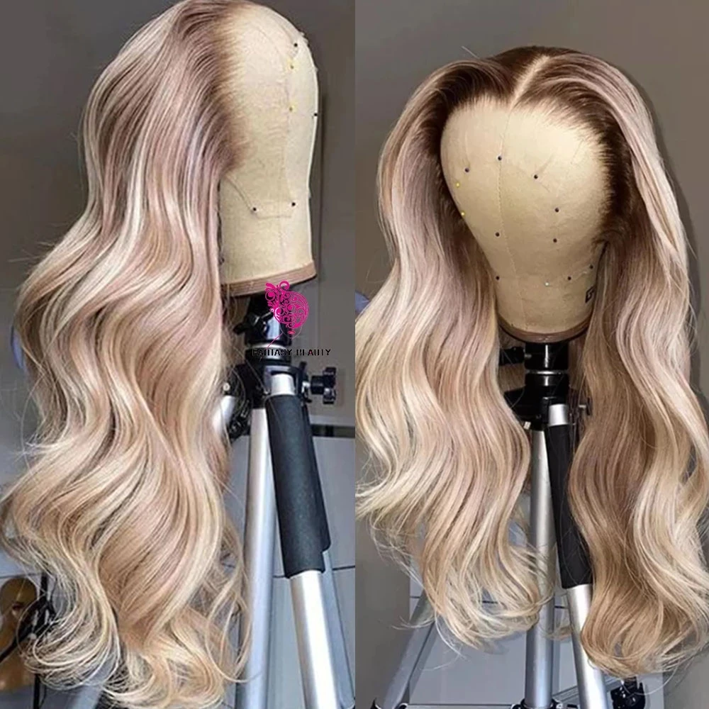 

Ash Blonde Highlight 13x4 Lace Front Human Hair Wigs For Women Body Wave Brown Roots Transparent HD Lace Wigs Pre Plucked Remy