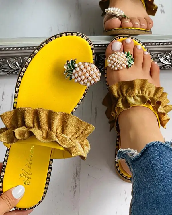 

2021 summer women's pineapple slip-on sandals and slippers for women's outer wear casual flat-bottomed large size ruffled flat-b