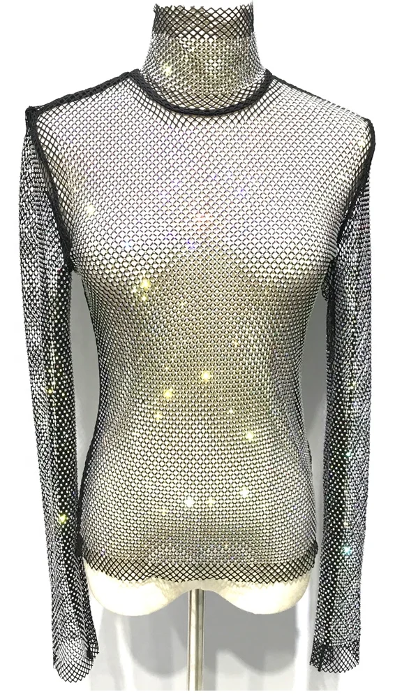 S336 New Crystal Fishnet Mesh Crop Top Mesh Hollow Out See Through ...