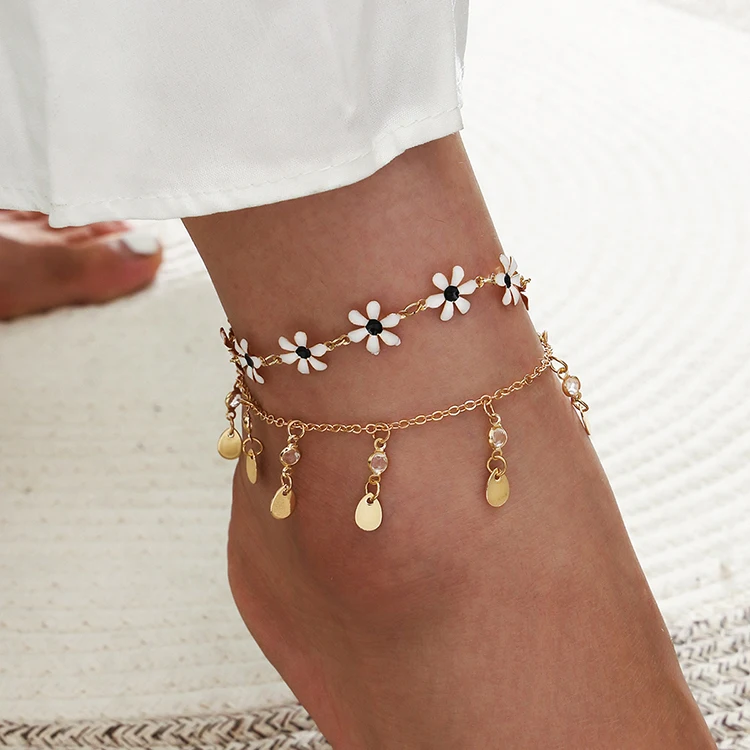 

Charare new design paint flower chain tassel anklet double layer ankle bracelet accessories, Gold