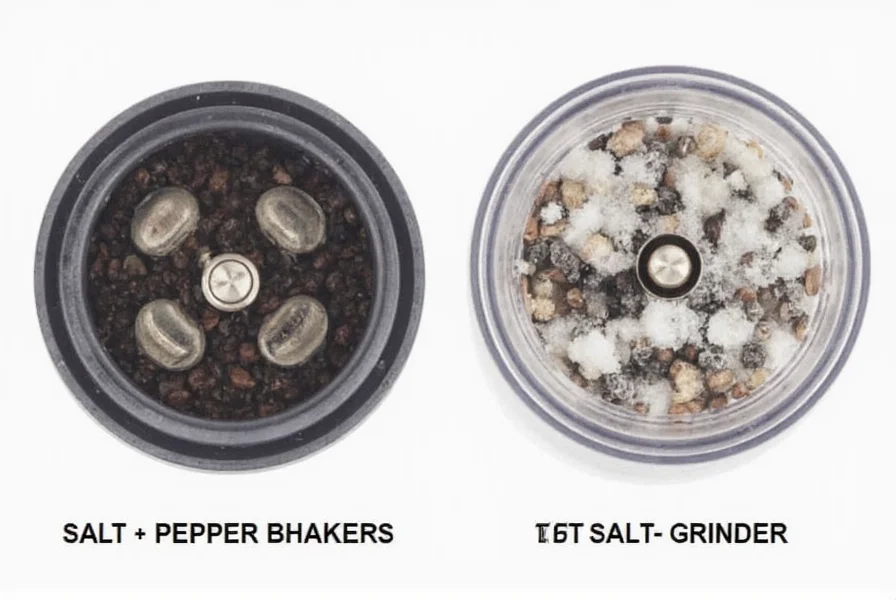 Close-up comparison of traditional salt and pepper shakers versus modern grinder mechanisms showing internal components