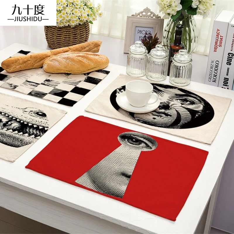 

2020 explosion models vintage Fornasetti printed dining table dishes placemat, Black