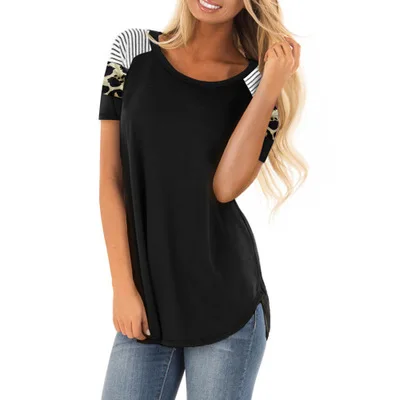 

Women's Regular T-shirt Autumn New Round Neck Short Sleeve Leopard Stripe Stitching Top, Picture showed