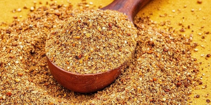 A jar of Ras el Hanout with a spoon beside it, sitting on a wooden table.