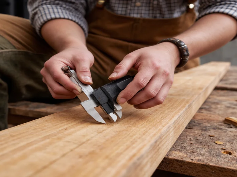 Woodworker measuring reclaimed timber with calipers