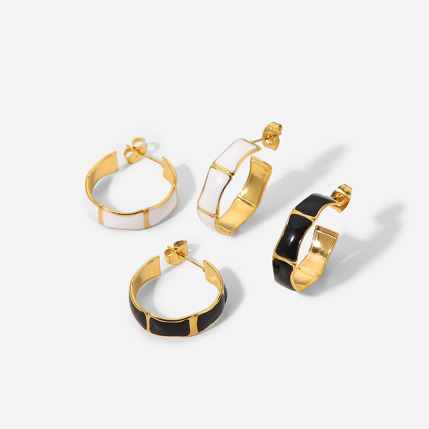 

18k Gold Plated Stainless Steel hoop Earrings INS Minimalist Charm CC Shaped Bamboo Enamel Earrings