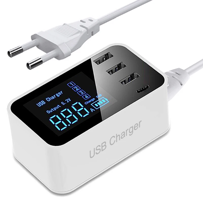 

40W 4 ports USB Charger LED Display Multi Type-C Charging Universal Mobile Phone Charger Adapter EU US Plug