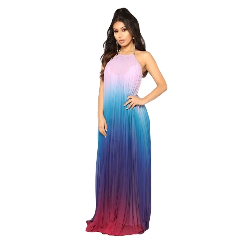 

2021 Fashion Summer Wholesale Elegant Gradient Pleated Chiffon Nightclub Backless Dress, Customized color