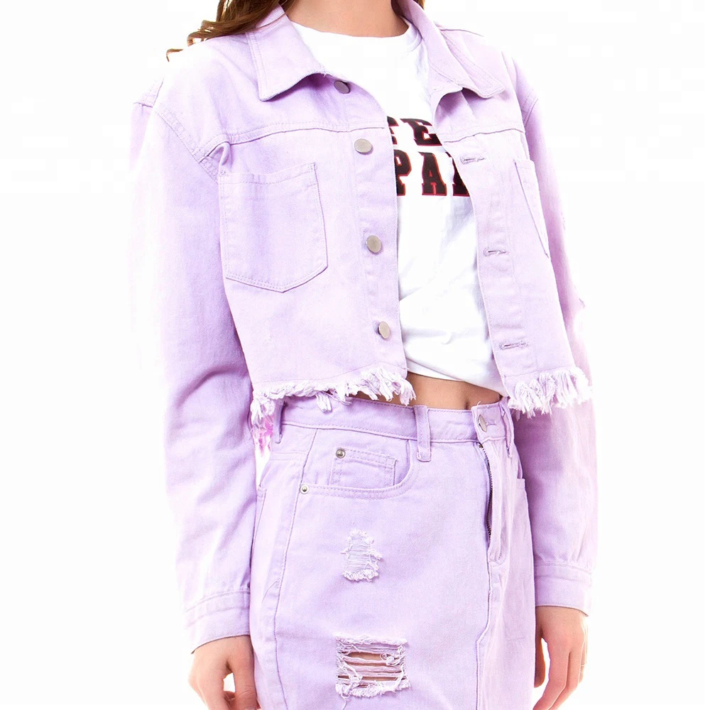 

Short ruffled jean jacket stock ripped lady denim jackets, Purple, yellow or as customers' requested