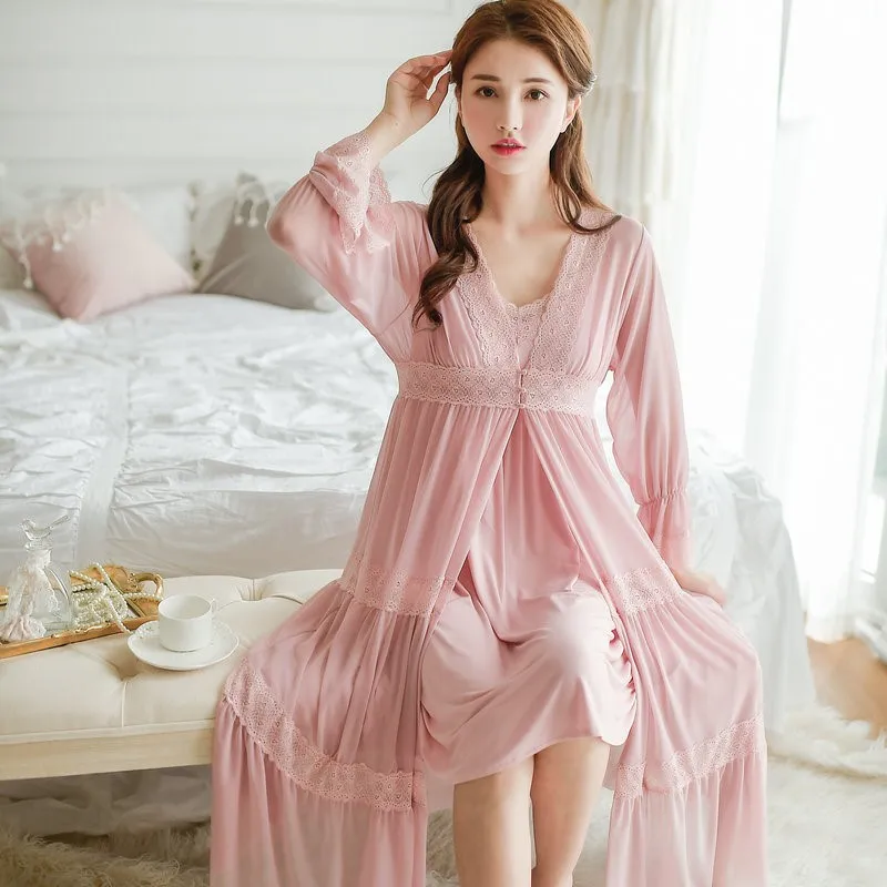 

2 Piece Set Lace Cotton Sexy Women's Nightdress Pajamas Set Fairy Bridesmaid Robes Long Nightgown Girls Sleepwear