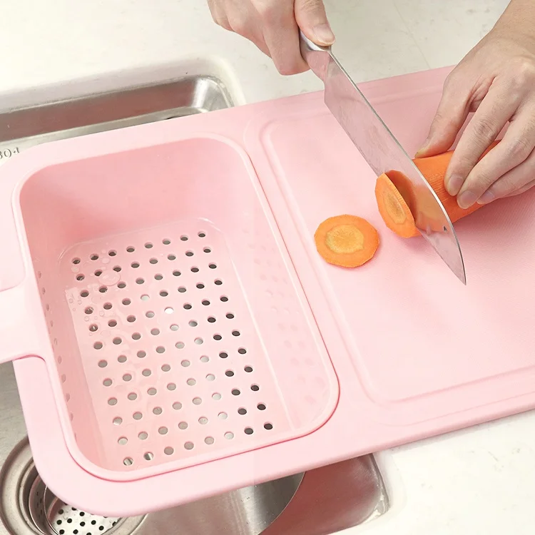 

Kitchen Sink Cutting Board Removable Chopping Blocks Drain Washing Basket Shelf Plastic Cutting Board Pink