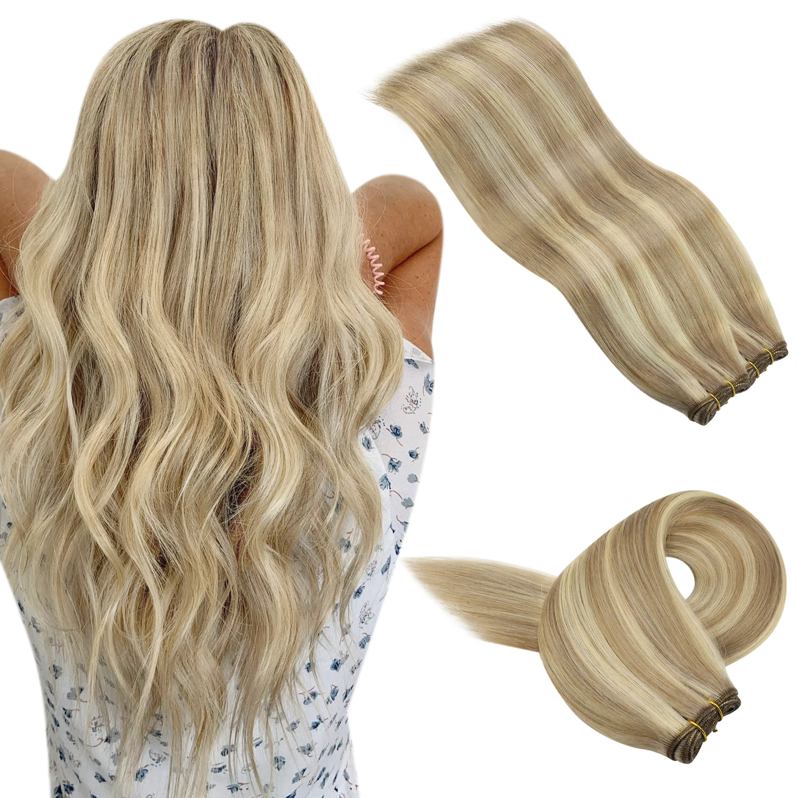 

Moresoo High Quality Hair Extensions #P16/22 Blonde Highlighted Color Remy Human Hair Weft