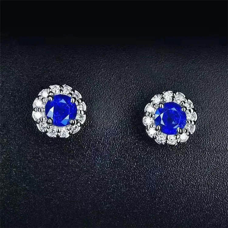 

newest ladies gemstone jewelry with diamond 18k gold 0.94ct Sri Lanka natural blue sapphire stud earring