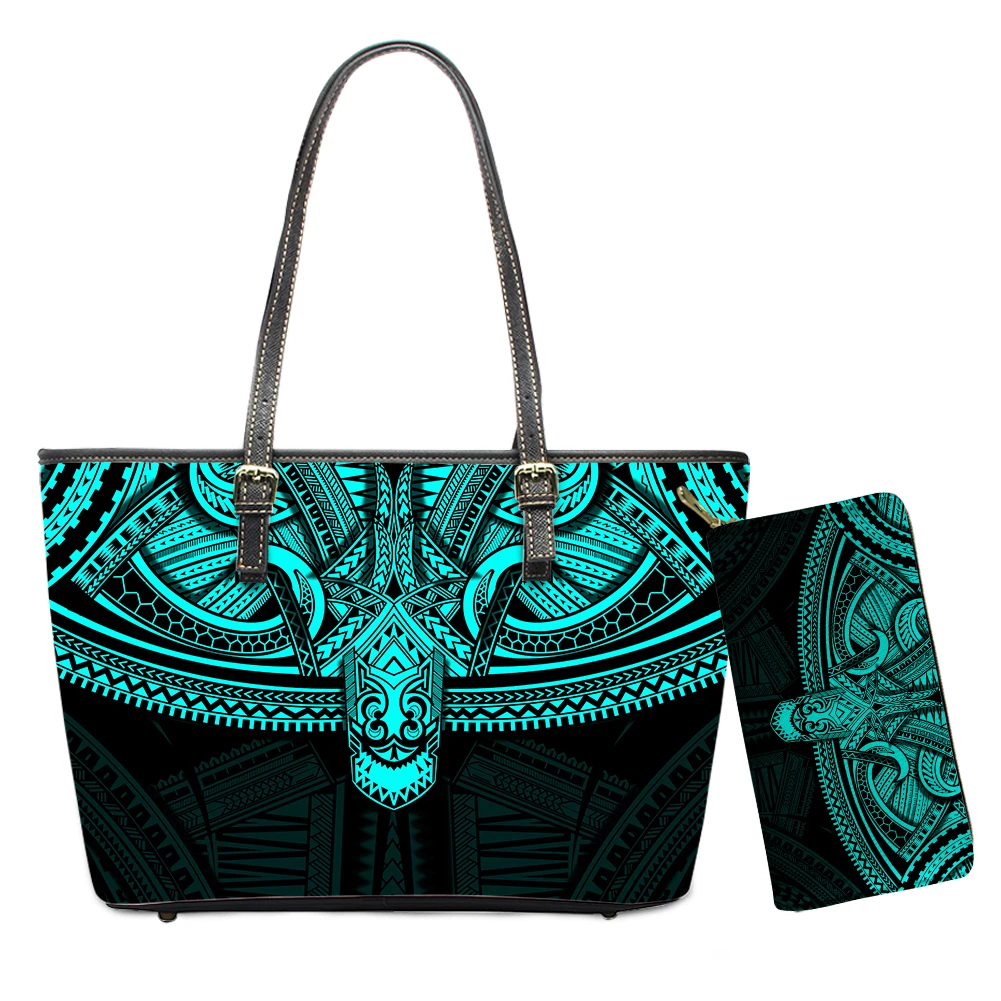 

Fashion 2Set Polynesian Tribal Tattoo Stripe Print Fabrics Women Handbag and Purse Tote Bag Wallet Bag for Ladies Green Blue