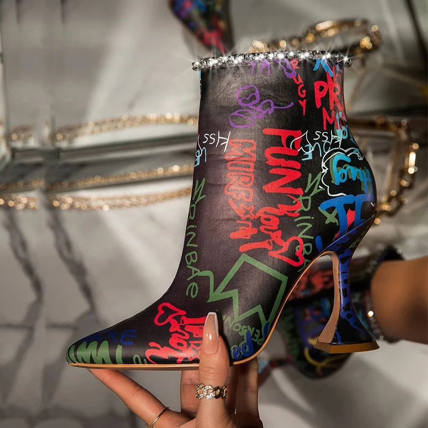 

Fashion Winter Women's Ankle Boots Shiny Rhinestone Ornament Back Zipper Animal Print Graffiti Pattern Short Booties for Girls, Black,apricot,mixed,tiger