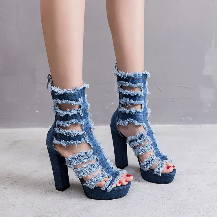 

10% Off Women shoes Gladiator Hole Denim Boots Over Knee High Heels Platform Peep Toe zipper Sexy ladies sandals zapatos de muje